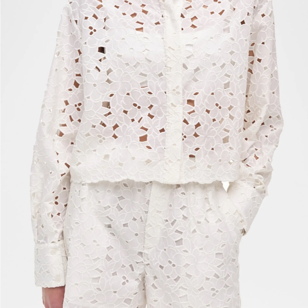 Simkhai Penelope White Lace Embroidered Long-Sleeve Shirt